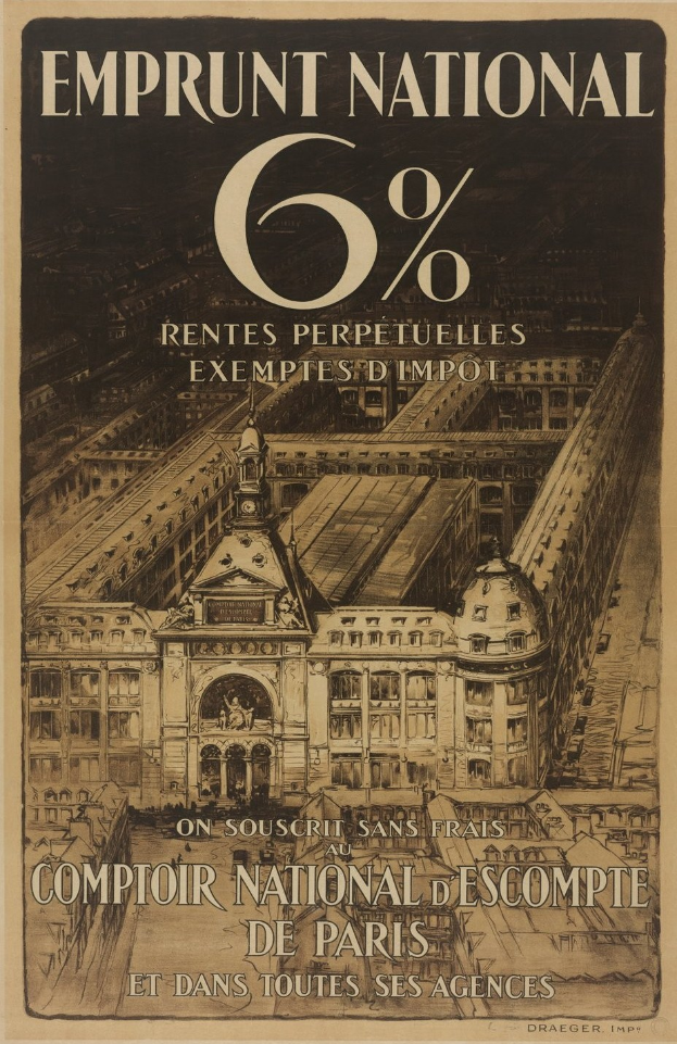 Plakat mit einem großen, zweistöckigen Gebäude mit rotem Dach und weißen Wänden, Text lautet "emprunt national 6% - rentes perpetuelles exemptes impot" in fetter schwarzer Schrift auf einem hellblauen Hintergrund.