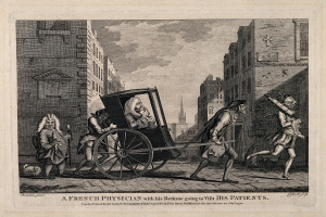 Ein französischer Arzt in einem Wagen umgeben von ein paar Leuten, mit Gebäuden im Hintergrund und einem bewölkten Himmel, mit Text am unteren Rand des Bildes.