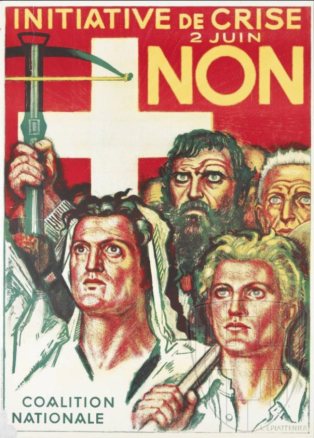 Plakat für die Coalition Nationale, eine nicht-kriseninitiative, mit einer Gruppe von Menschen, die einen Hammer und Sichel halten, und Textinformationen über die Organisation und ihre Mission.