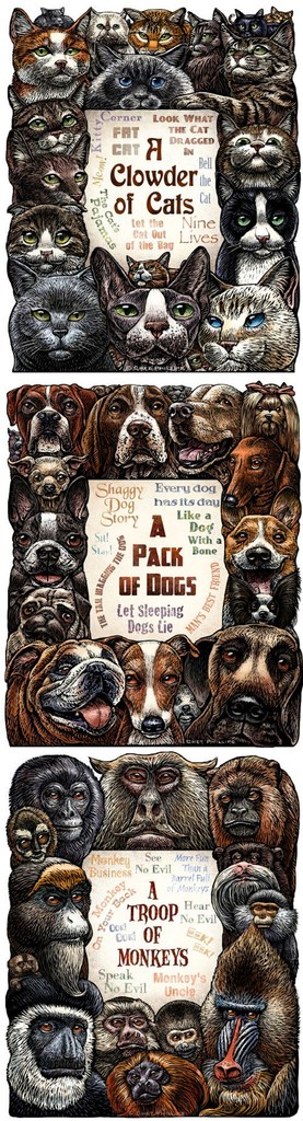 Ein Collage aus verschiedenen Tiergesichtern, die aus Buchstaben oder Text bestehen und in einem Raster angeordnet sind.