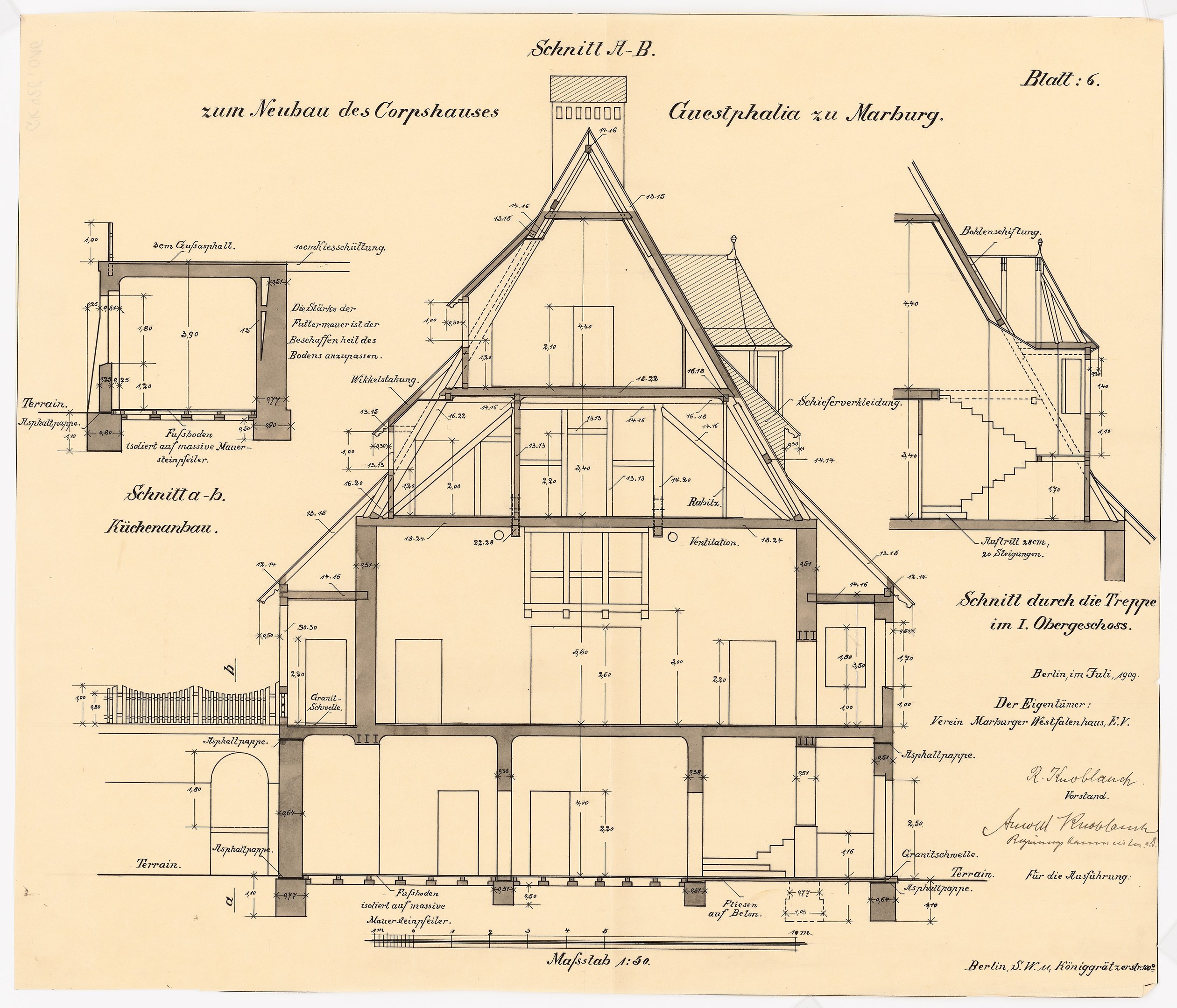 Ein detailliertes architektonisches Zeichnung eines Hauses mit zahlreichen Fenstern und einem Dach, das als erstes Haus in Deutschland gilt, begleitet von Strukturplänen und Text auf Papier.