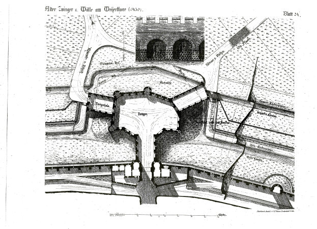 Eine Schwarz-Weiß-Zeichnung eines Gebäudes mit zahlreichen Fenstern, das als Plan der Stadt Köln, Deutschland, angesehen wird, mit begleitendem Text, der die Größe, Form und Lage des Gebäudes beschreibt.