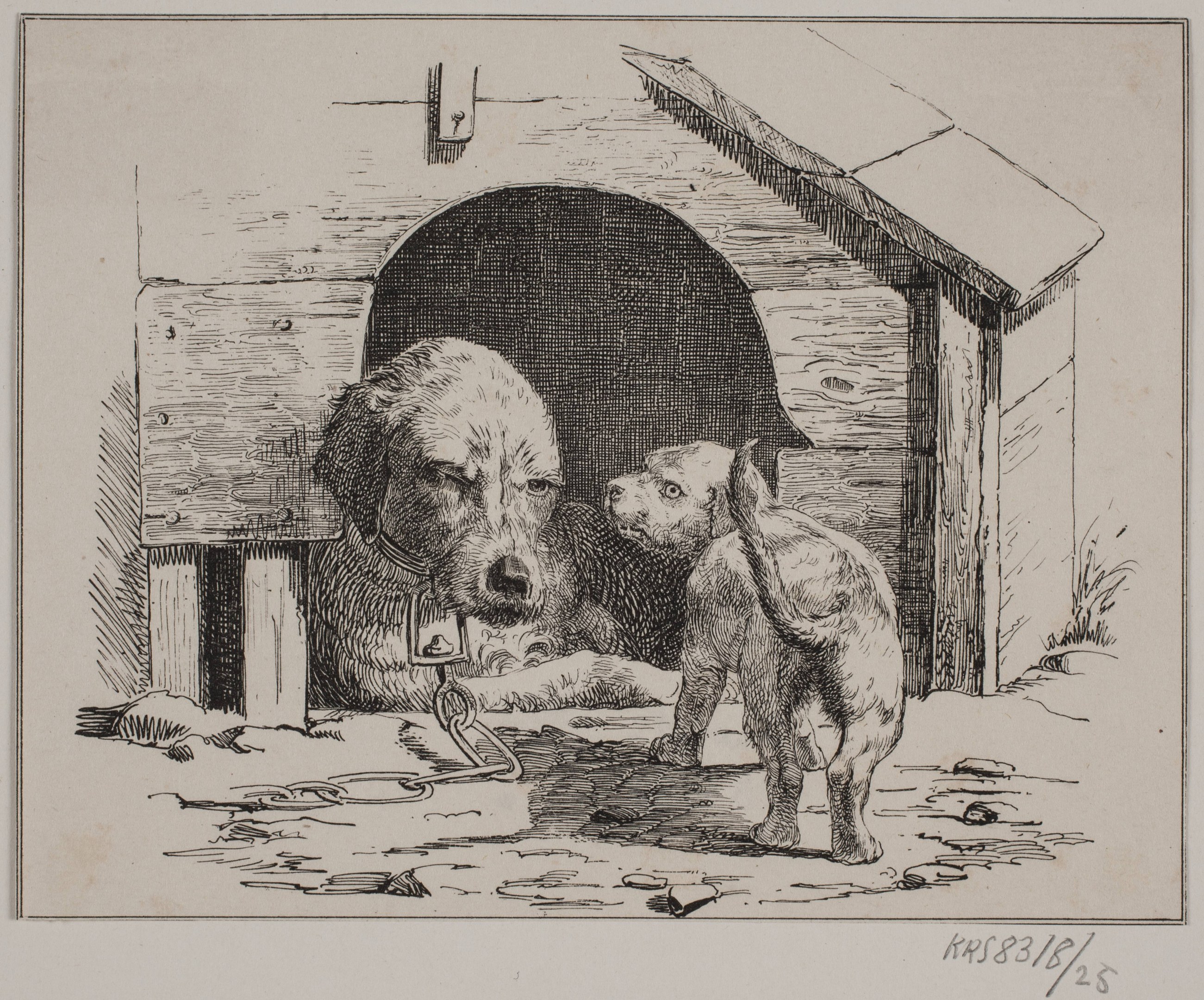 Schwarze und weiße Zeichnung von zwei Hunden vor einem Hundehaus, einer mit einer Kette daran, mit Text unten.