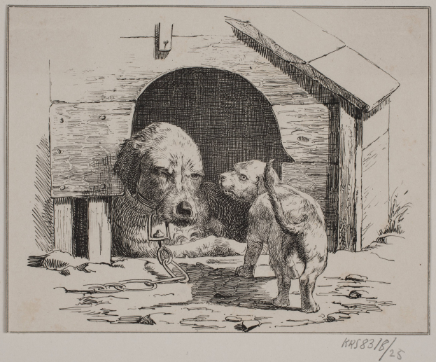 Schwarze und weiße Zeichnung von zwei Hunden vor einem Hundehaus, einer mit einer Kette daran, mit Text unten.