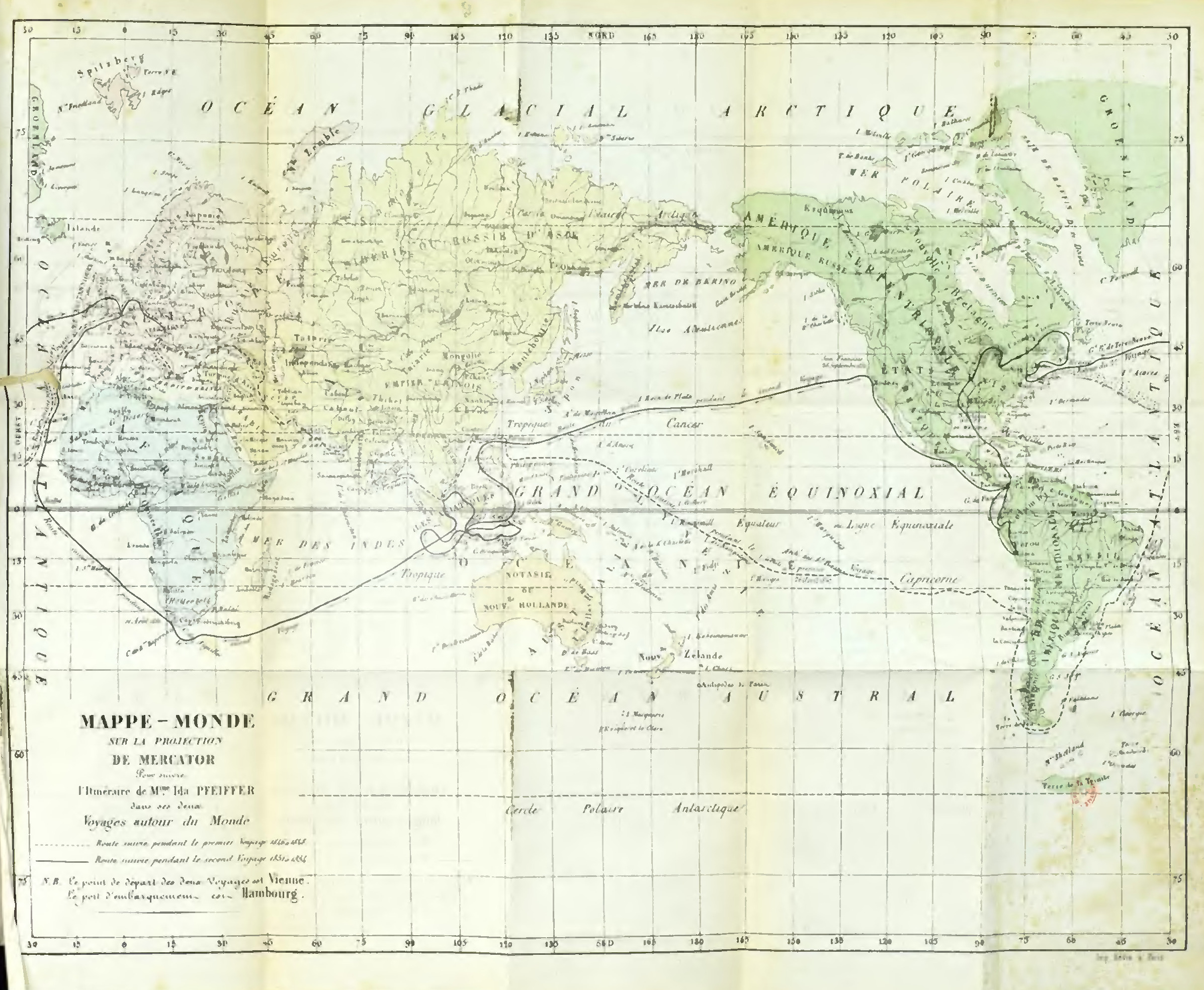 Eine alte Weltkarte auf schwarzem Hintergrund, die die Amerika in Mercators Projektion mit beschrifteten Ländern und Hauptstädten zeigt.