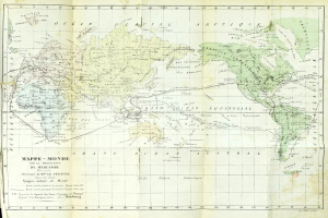 Eine alte Weltkarte auf schwarzem Hintergrund, die die Amerika in Mercators Projektion mit beschrifteten Ländern und Hauptstädten zeigt.