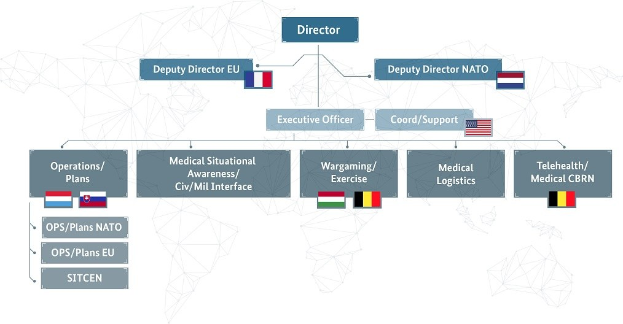 Diagramm der organisationalen Struktur der Europäischen Union mit Länderflaggen und beschrifteten Abteilungen