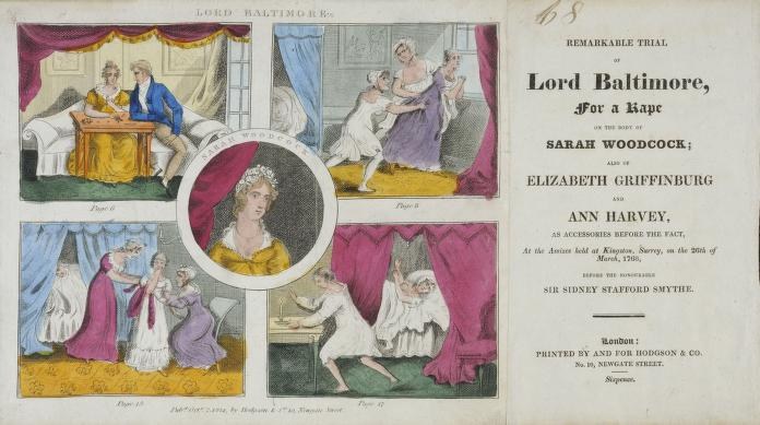 Eine historische Dokumenten-Illustration eines Prozesses zeigt ein Papier mit Porträts, Vorhängen und gedrucktem Text.