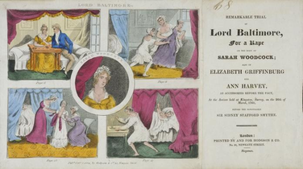 Eine historische Dokumenten-Illustration eines Prozesses zeigt ein Papier mit Porträts, Vorhängen und gedrucktem Text.