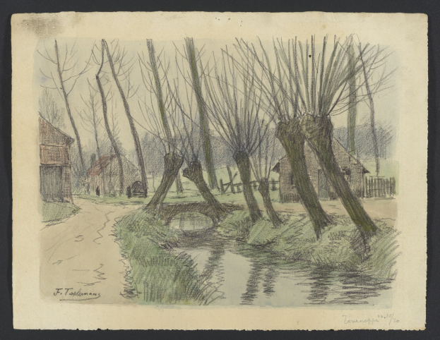 Eine Zeichnung eines ruhigen Flusses mit saftig grünen Bäumen im Vordergrund, gemütlichen Häusern im Hintergrund und geschwungener Schrift am Boden.