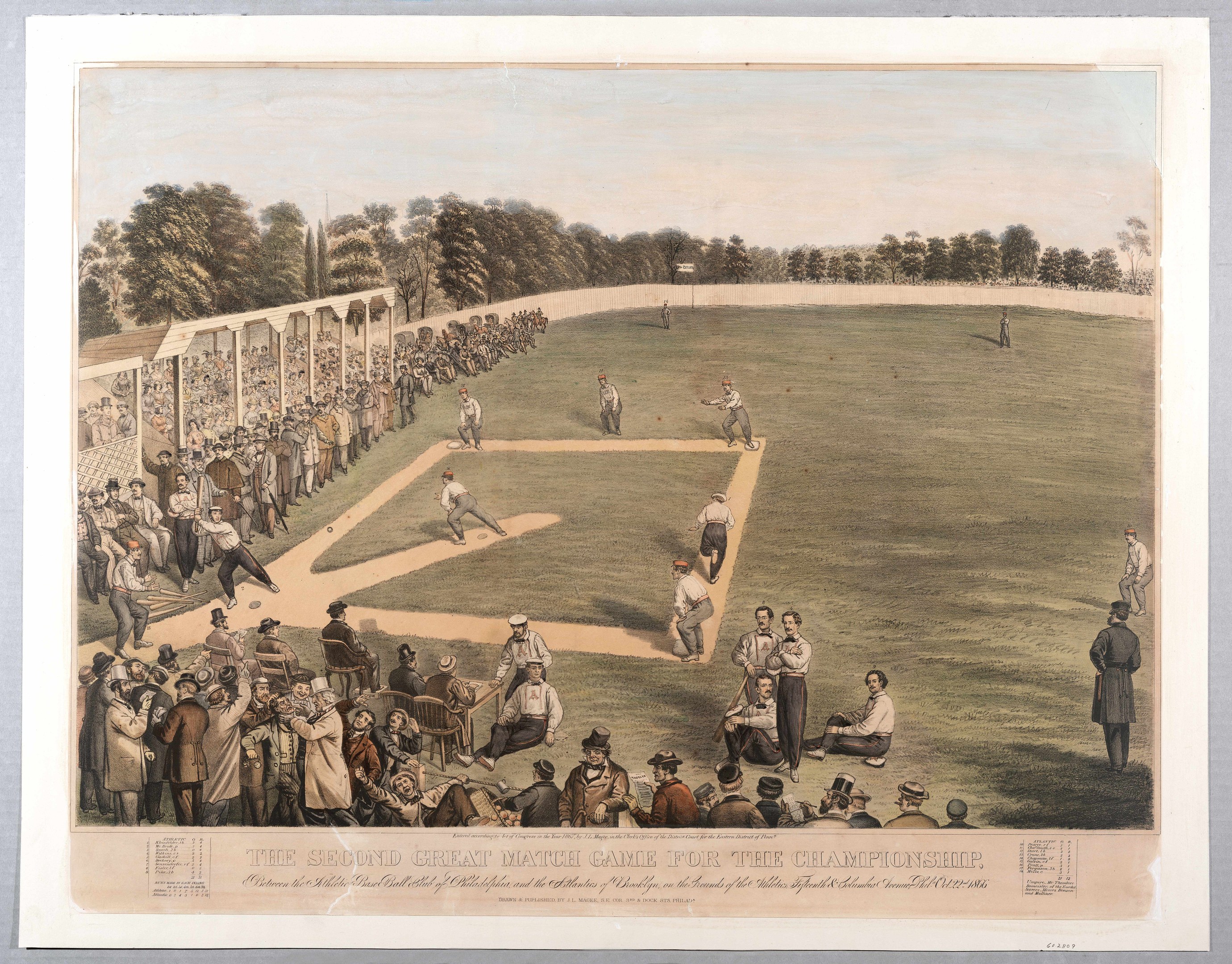 Eine Gruppe von Menschen, die Cricket auf einem grünen Feld mit Bäumen im Hintergrund und einem klaren blauen Himmel spielen, mit dem Text "The Second Great Match Game for the Championship" unten.
