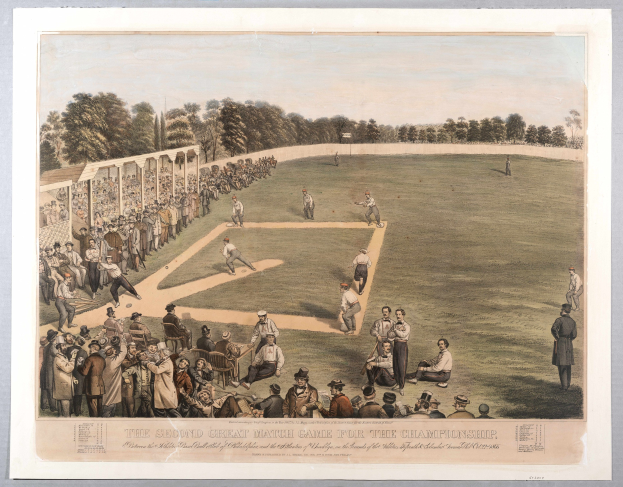 Eine Gruppe von Menschen, die Cricket auf einem grünen Feld mit Bäumen im Hintergrund und einem klaren blauen Himmel spielen, mit dem Text "The Second Great Match Game for the Championship" unten.