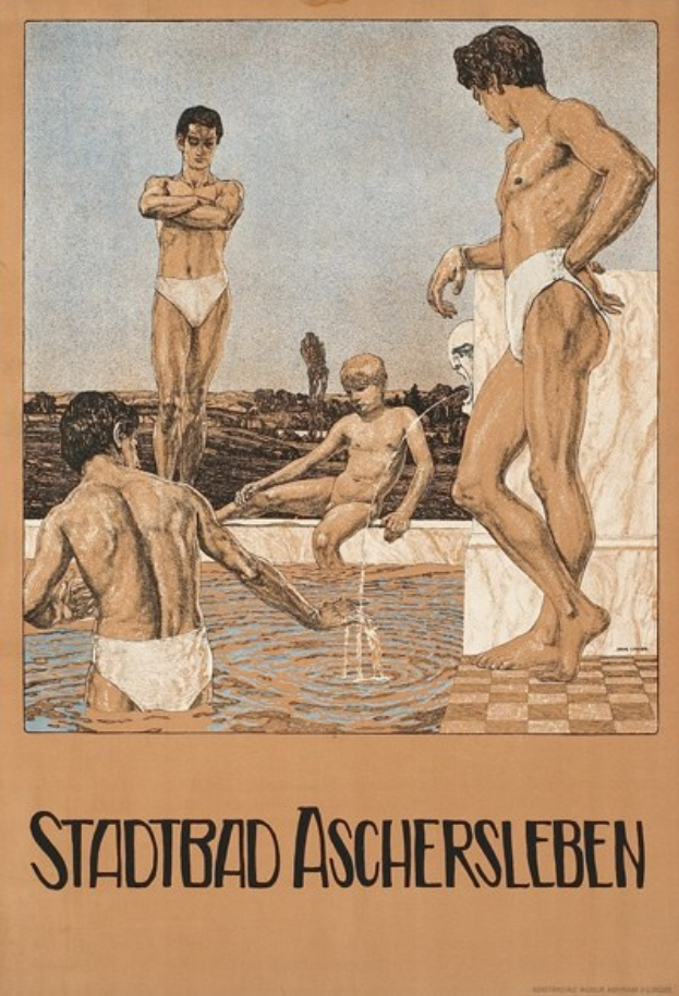Plakat für ein Schwimmbad in Aschersleben, Deutschland, das Menschen im Wasser zeigt, darunter einen sitzenden, begleitet von Text über die Pool-Anlagen.