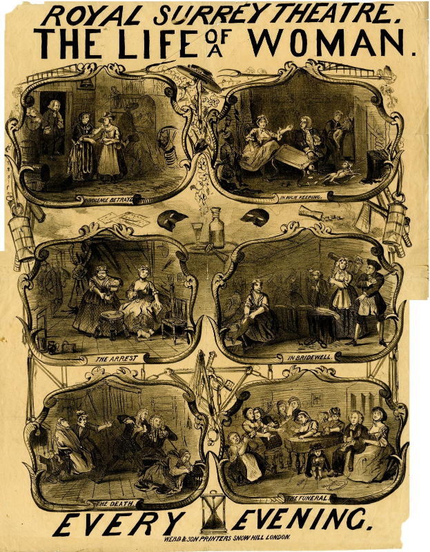 Plakat für 'Das Leben einer Frau' im Royal Surrey Theatre, das eine Collage von Personenbildern mit dem Titel in fetter Schrift oben zeigt.