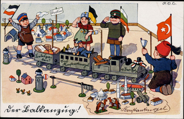 Kinder spielen mit einem Spielzeugrätschen auf einem Eisenbahngeleise in einer Miniaturdorf-Szenerie mit Häusern, Bäumen und anderen Gegenständen, mit Text unten.