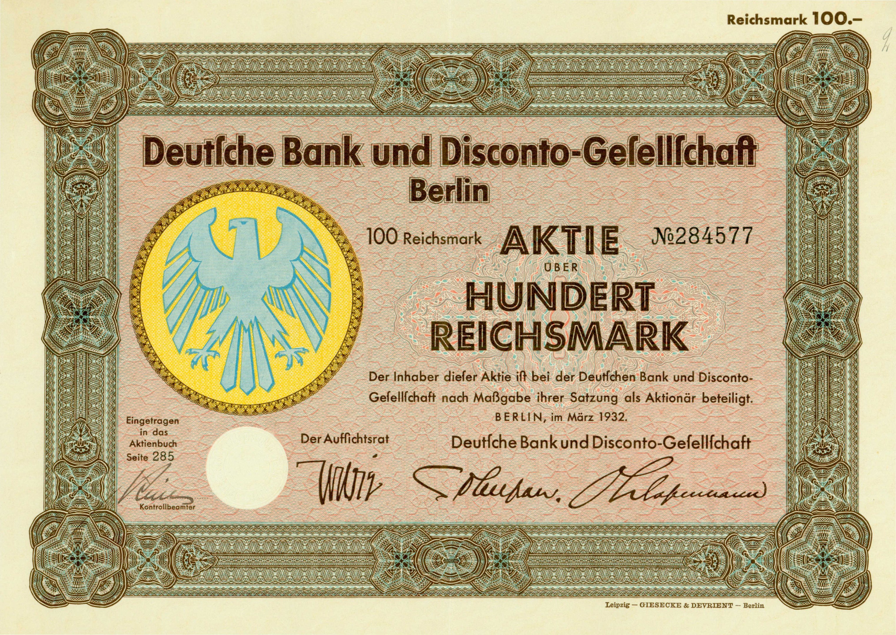 Alte deutsche Banknote mit einer Vogeldarstellung und dem Text "Deutsche Bank und Disconto-Gesellschaft Berlin".