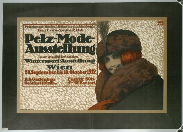 Ein Plakat bewirbt ein Wintersport-Event in Wien, Österreich, mit einer lachenden Frau in einem Pelzmantel und Hut sowie Event-Informationstext.