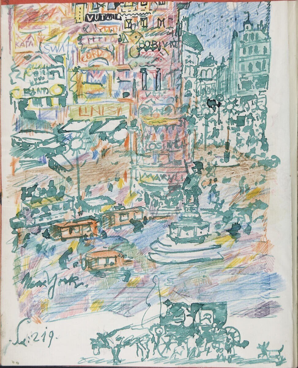 Ein Buchumschlag mit einer detaillierten Illustration einer belebten Stadt mit Gebäuden, Fahrzeugen, Menschen und einem Brunnen, begleitet von Text.