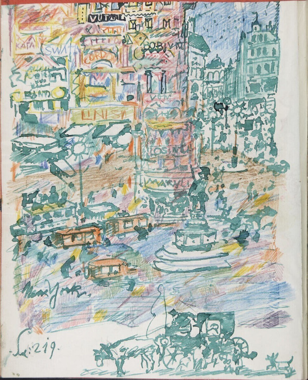 Ein Buchumschlag mit einer detaillierten Illustration einer belebten Stadt mit Gebäuden, Fahrzeugen, Menschen und einem Brunnen, begleitet von Text.