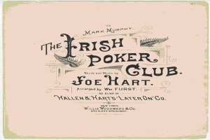 Plakat mit der Aufschrift "The Irish Poker Club" in fetter schwarzer Schrift auf einem weißen Hintergrund, umrahmt von einem schmalen schwarzen Rand, mit einer bunten Kleeblatt-Illustration.