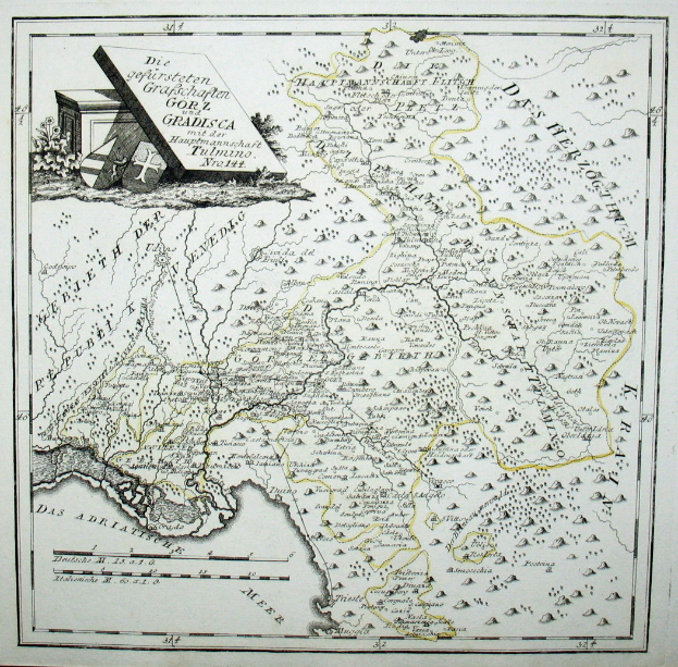 An old map of Germany in a photo frame, with a house at the center surrounded by roads, cities, and geographical features.