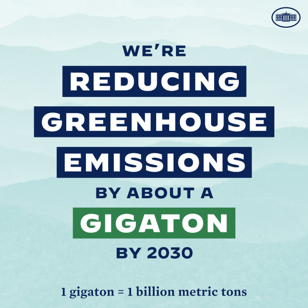 Ein Plakat mit Text und einem Logo, das "Wir reduzieren die Treibhausgasemissionen bis 2030 um etwa eine Gigatonne" lautet.