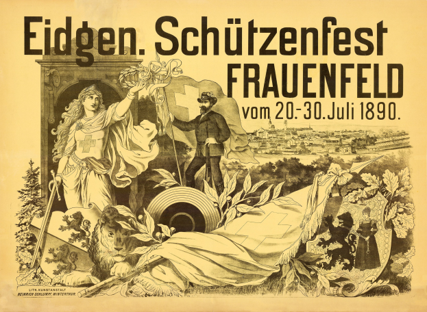 Alter Plakatentwurf für das Eidgenössische Schützenfest in Frauenfeld, Deutschland, mit einem Mann im Anzug und einer Frau im Kleid nebeneinanderstehend und Textdetails.