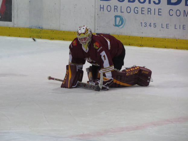 Hockeyspieler in rot-gelber Uniform, der einen Schuss auf dem Eis abwehrt, trägt Helm, Handschuhe und Knieschoner, hält einen Hockey-Schläger, mit einer Wand und Text im Hintergrund.