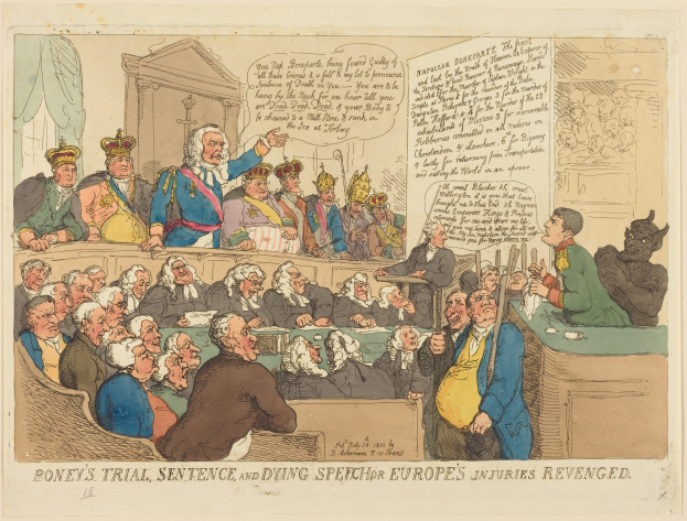 Cartoon-Gerichtsszene mit einem stehenden Mann in der Mitte, sitzenden Personen, einem Tisch mit Gegenständen rechts und Text unten: 'Boney's Trial, Sentence, and Dying Speech Europe's Injuries Revenged'