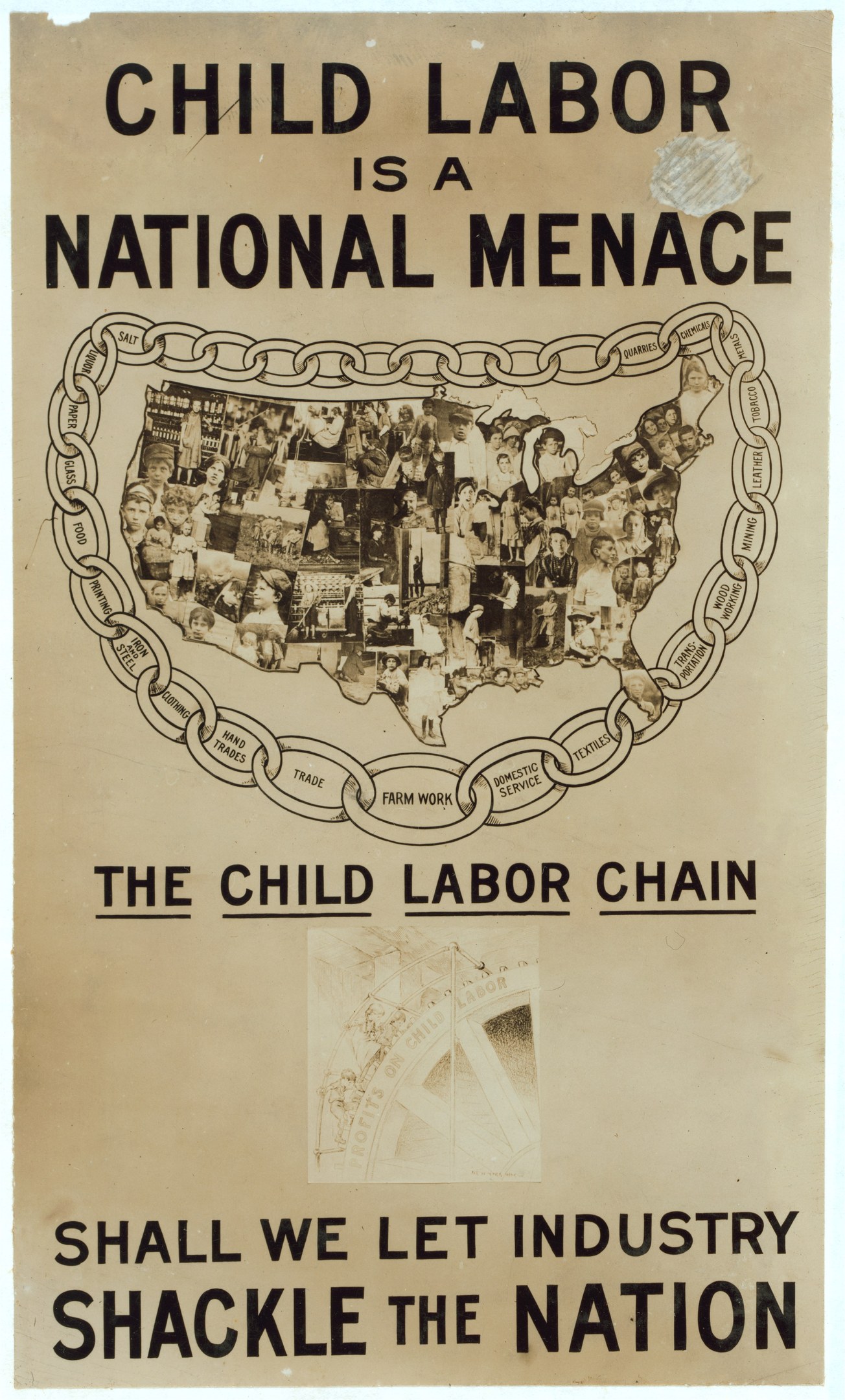 Plakat mit der Aufschrift "Kindera(r)beit ist eine nationale Bedrohung - Sollen wir die Industrie das Land fesseln lassen" in fetter schwarzer Schrift auf weißem Hintergrund, das eine vielseitige Gruppe von Menschen zeigt, die gemeinsam stehen.