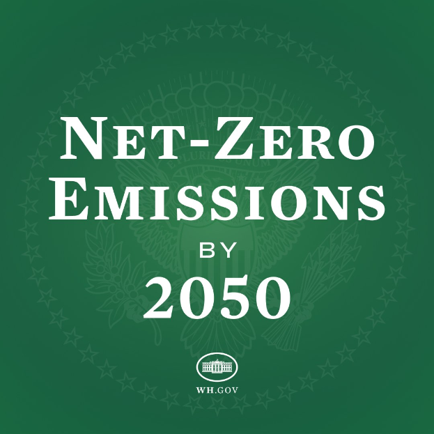 Ein grüner Hintergrund mit der fett weißen Schrift "net-zero emissions by 2050"