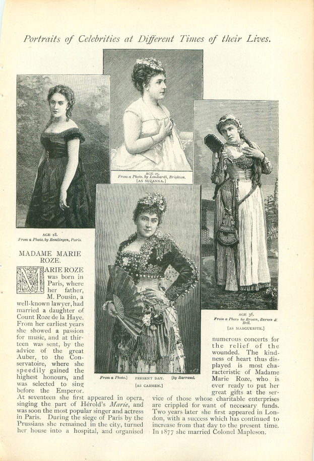 Ein altes Buch mit dem Titel "Porträts von Prominenten zu verschiedenen Zeiten ihres Lebens" mit Illustrationen von Frauen in langen, hochgeschlossenen Kleidern mit Haaren im Dutt.