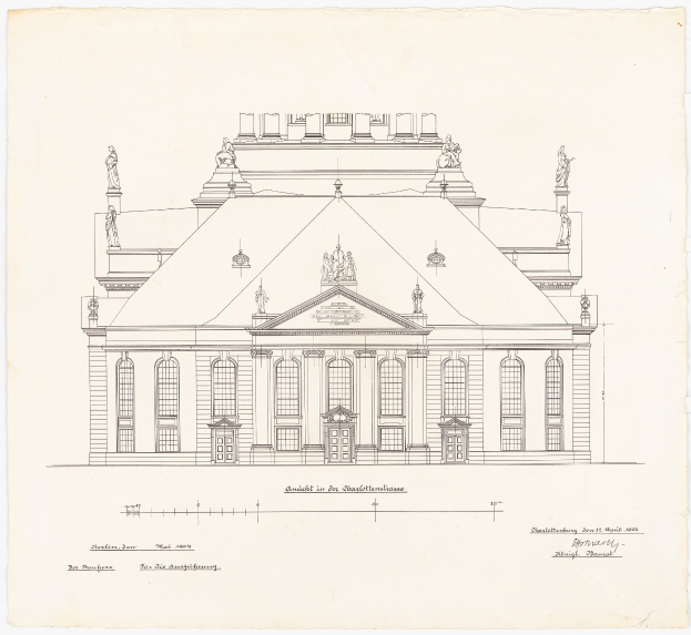 Ein detailliertes Zeichnung des Schlosshof-Fassaden in Dresden, Deutschland, mit zahlreichen Fenstern und Statuen auf einem Stück Papier mit Text.