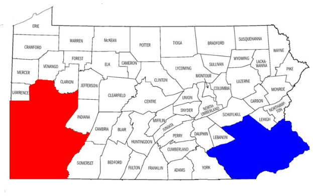 Eine Karte von Pennsylvania mit in rot und blau hervorgehobenen Countys, beschriftet mit "Pennsylvania Wahl-Ergebnisse".