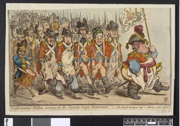 Gruppe von Männern in Militäruniformen marschiert auf einer Straße, einer hält einen Stock in der Hand, mit Text unten: 'Ergänzender Militärdienst, Ausmarsch für Zwanzig-Tage-Vergnügen'.