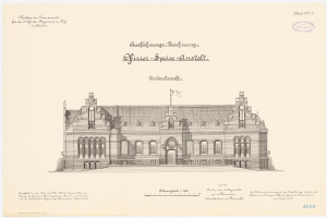 Eine Zeichnung des Hauptsaals des Deutschen Parlaments in Berlin, Deutschland, mit einer Flagge oben drauf, begleitet von beschreibendem Text.