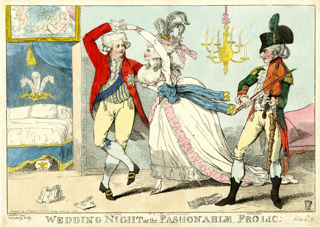 Eine Karikatur eines Mannes und einer Frau, die auf einer Hochzeit tanzen, beleuchtet von einem Kronleuchter, mit einem Bett, einem Wandrahmen und verschiedenen Gegenständen auf dem Boden; unten steht der Text "Hochzeitsnacht oder das modebewusste Vergnügen".