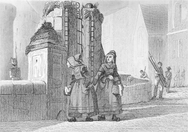 Schwarz-Weiß-Gravur Von Zweien Frauen, Die Vor Einem Gebäude Stehen, Mit Einigen Anderen Leuten Im Hintergrund Und Text, Der 'Victorianische Frauen In Der Stadt London' Liest.