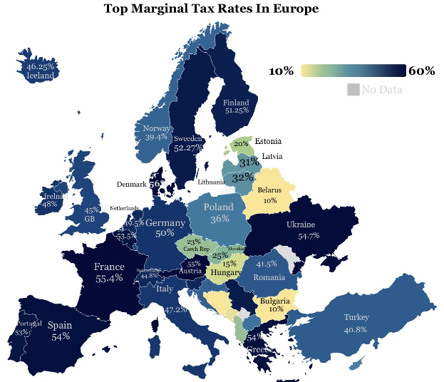 Eine Europakarte mit Farben, die die Spitzensätze der Einkommensteuer in jedem Land anzeigen, mit der Überschrift "Spitzensätze der Einkommensteuer in Europa."