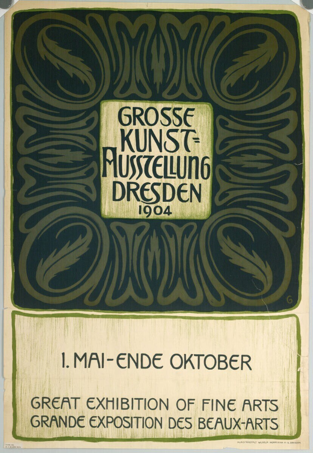 Ein Vintage-Plakat für die Große Ausstellung der Schönen Künste auf der Weltausstellung der Schönen Künste in Dresden, Deutschland, 1904, mit auffälligem Text, der das Ereignis ankündigt.