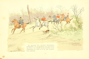 Eine Gruppe von Menschen zu Pferd auf einem Schotterweg, mit einem Hund, der neben ihnen läuft, und Bäumen und Pflanzen im Hintergrund.