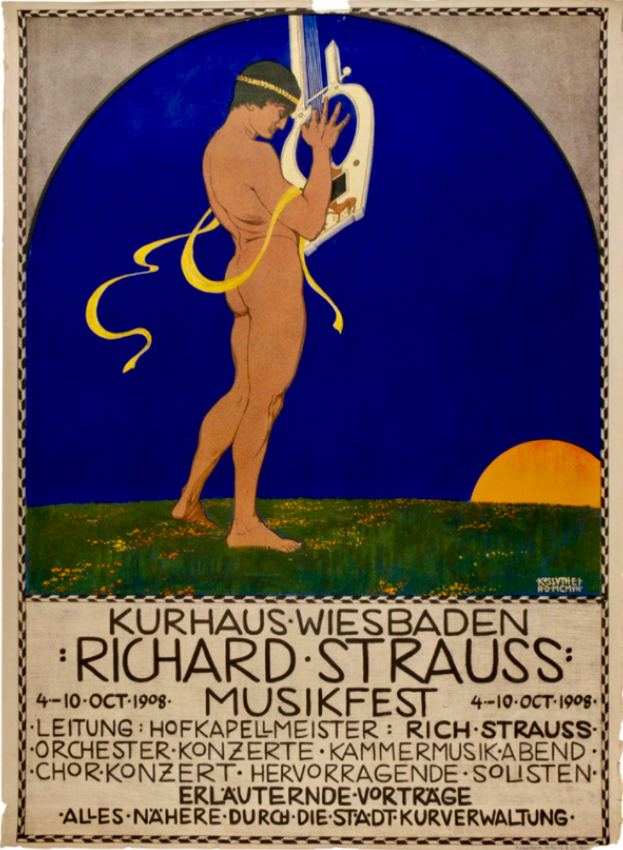 Ein Plakat für das Richard-Strauss-Musikfest mit einem Mann, der ein Musikinstrument spielt, und Text mit Informationen zum Event.
