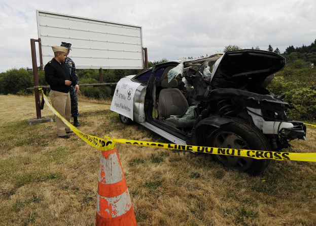Ein Polizist in Uniform steht neben einem schwer beschädigten Auto am Straßenrand, mit eingedellter Haube und zersplitterten Fenstern, neben einem Verkehrskegel und einem bandumwickelten Pfahl, mit Bäumen und einem bewölkten Himmel im Hintergrund.